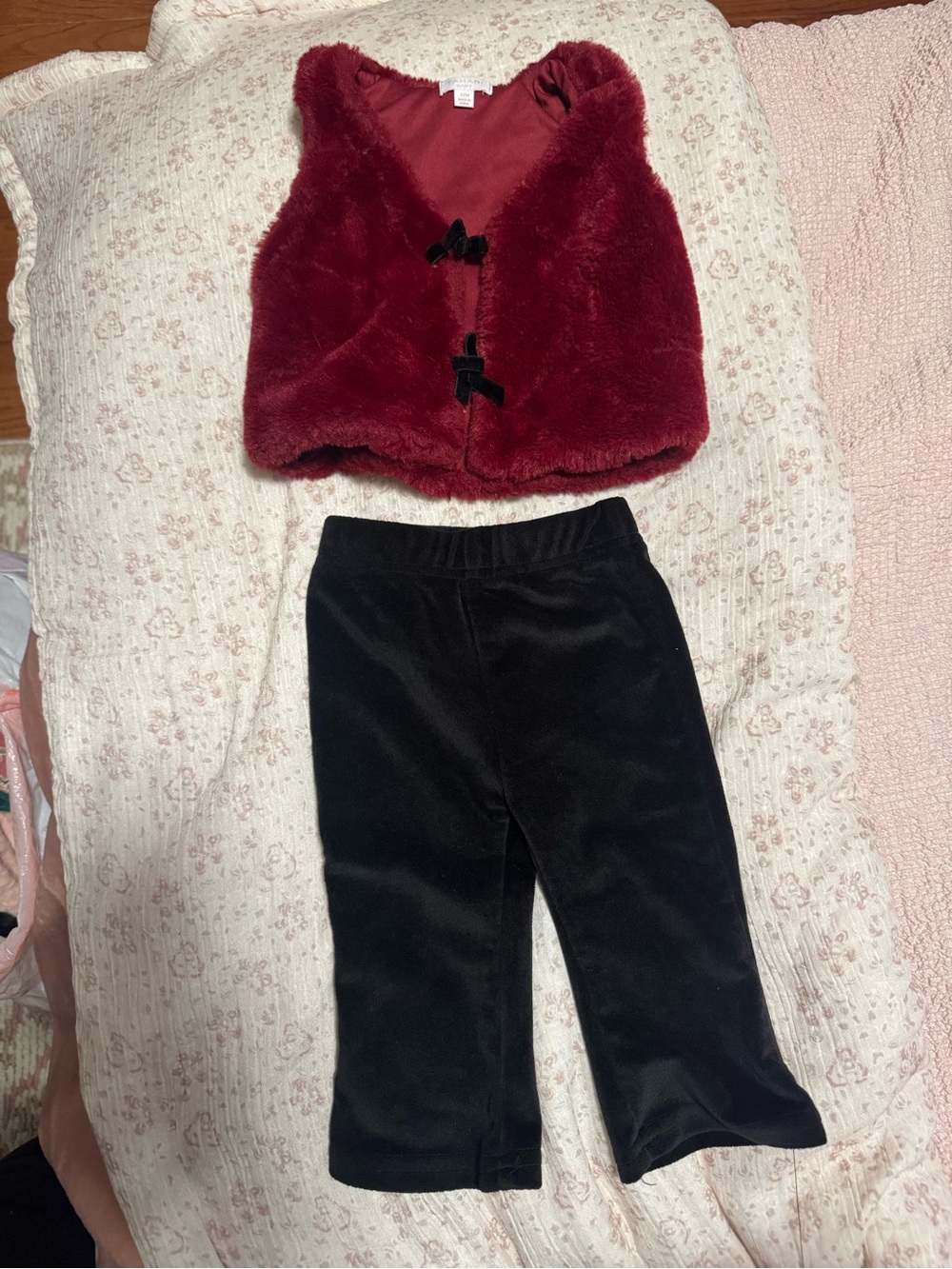 Burgundy Faux Fur Vest with Black Velvet Pants